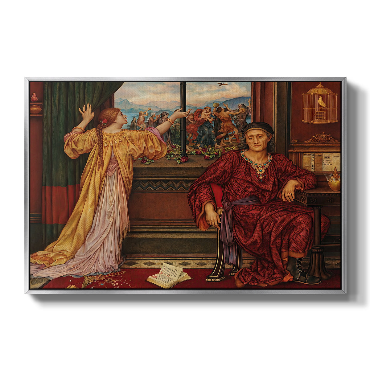 The Gilded Cage, c. 1901-1902 by Evelyn De Morgan in a silver floater framed canvas wall art display.