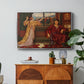 The Gilded Cage, c. 1901-1902 by Evelyn De Morgan in a silver floater framed canvas featuring a woman seated inside ornate interior symbolizing confinement and luxury, displayed above a wood console cabinet.