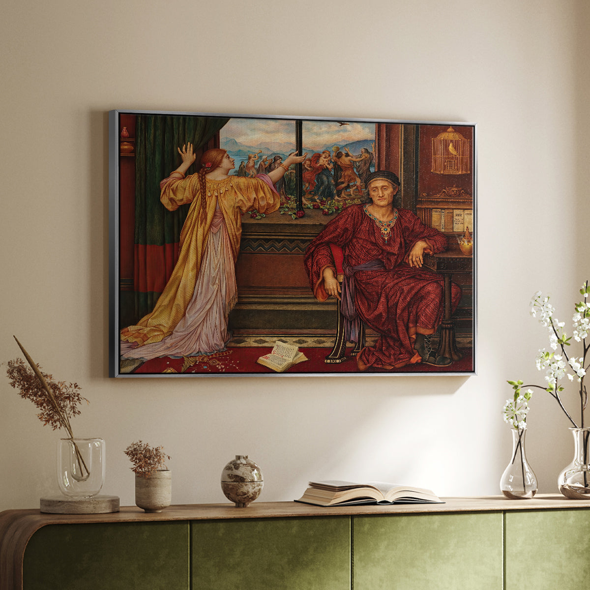 Silver floater framed canvas of The Gilded Cage, c. 1901-1902 by Evelyn De Morgan, featuring a symbolic scene of figure enclosed within decorative surroundings above a sideboard in a softly lit hallway.