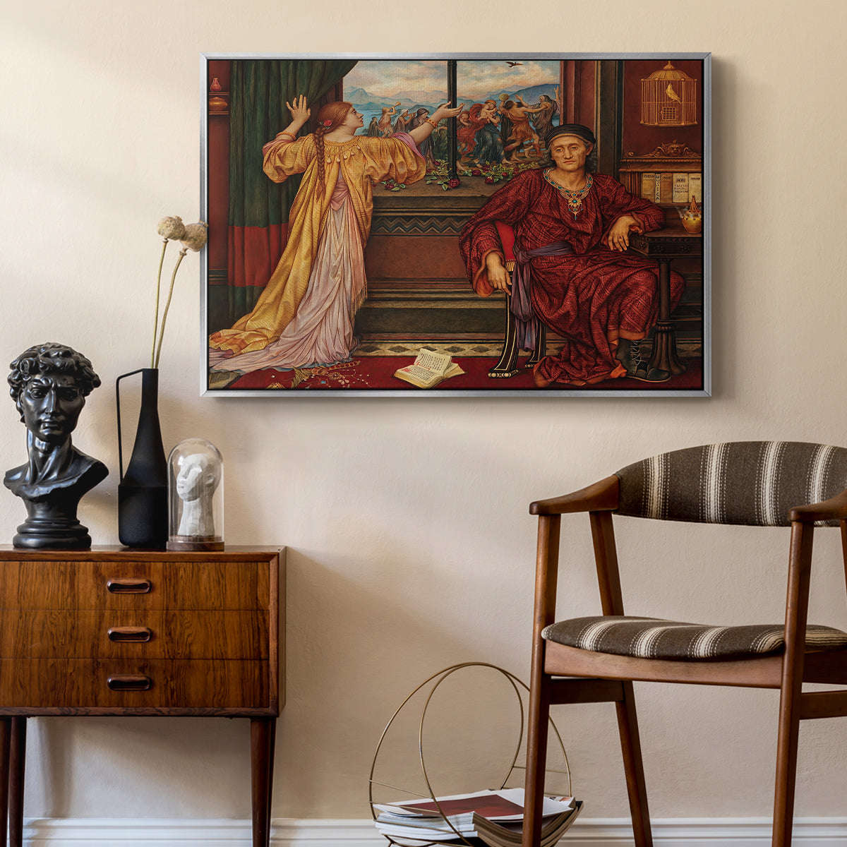 The Gilded Cage, c. 1901-1902 by Evelyn De Morgan as a silver floater framed canvas featuring an interior composition with woman and gilded elements suggesting restriction, styled above a mid-century console in a contemporary living area.