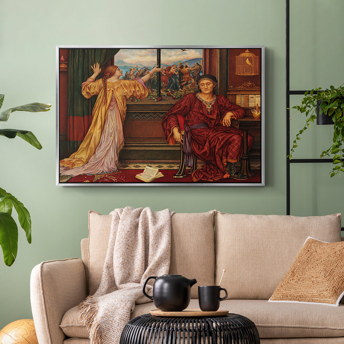 Silver floater framed canvas featuring an allegorical depiction of beauty and captivity, displayed above a sofa in a modern living room.