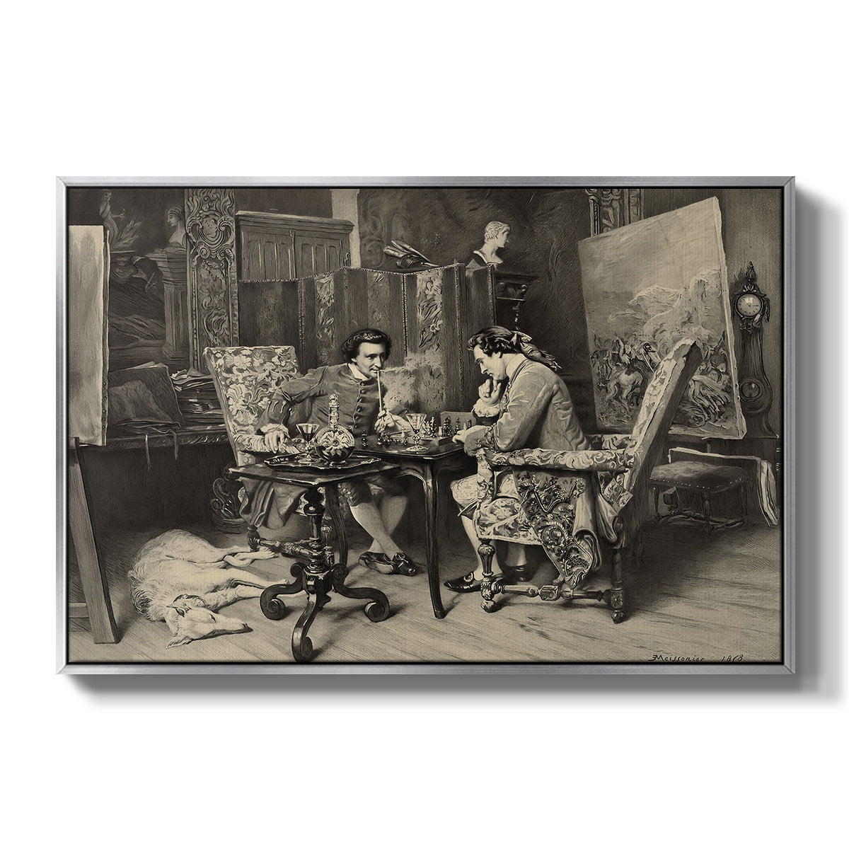 The Chess Players, 1858 by Ernest Meissonier in a silver floater framed canvas wall art display.