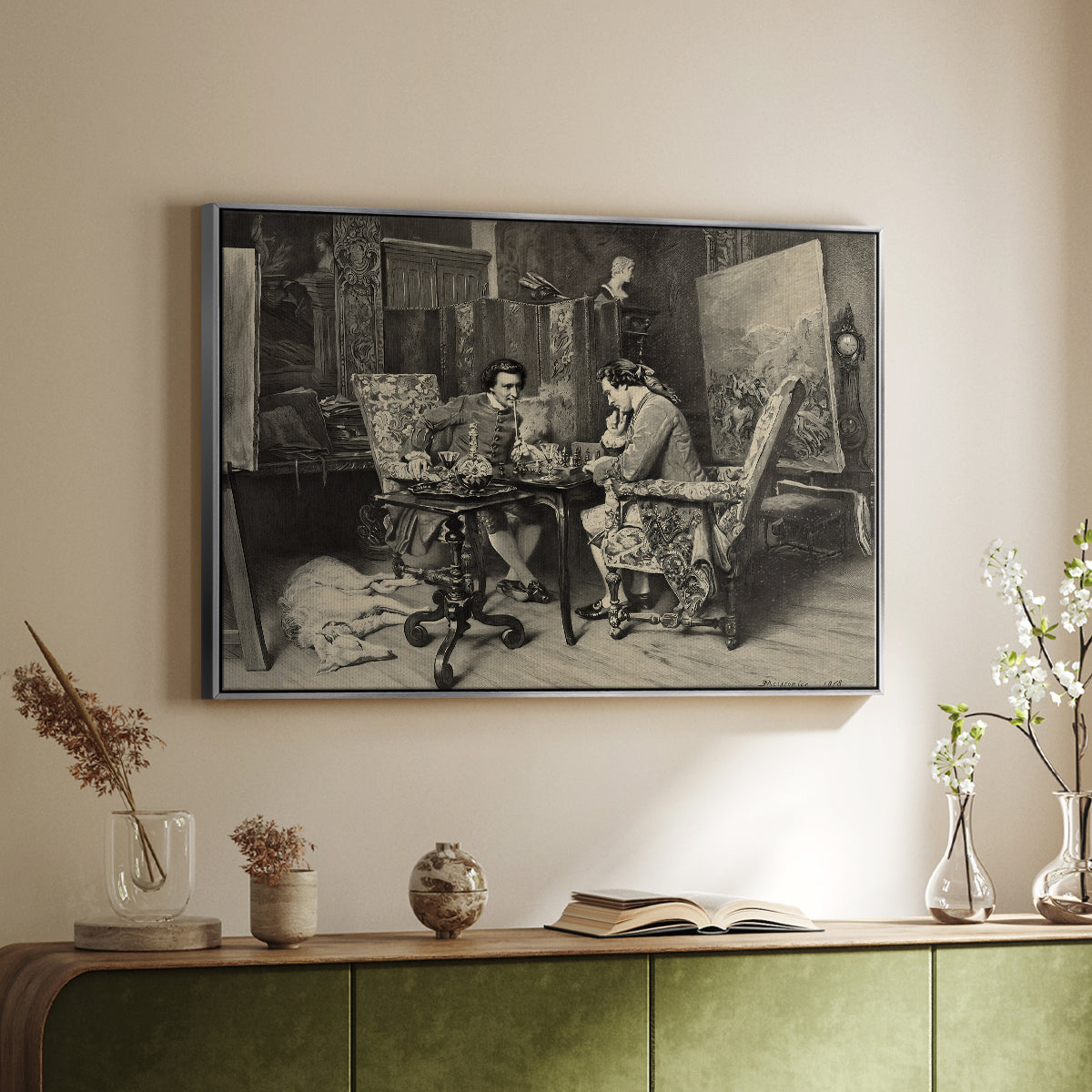 Silver floater framed canvas of The Chess Players, 1858 by Ernest Meissonier, featuring a realistic scene of figures concentrating on chess game indoors above a sideboard in a softly lit hallway.