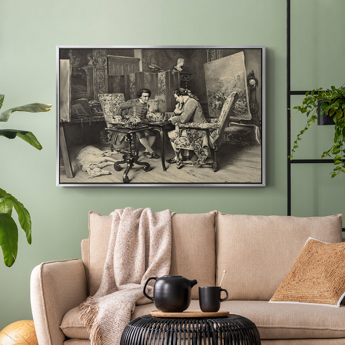 Silver floater framed canvas featuring a monochrome-style depiction of strategic game between two figures, displayed above a sofa in a modern living room.