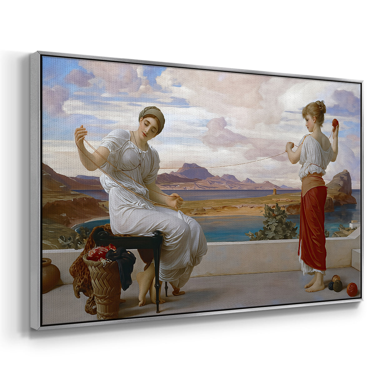 Angled view of Winding the Skein, c. 1878 by Frederic Leighton in a silver floater framed canvas.