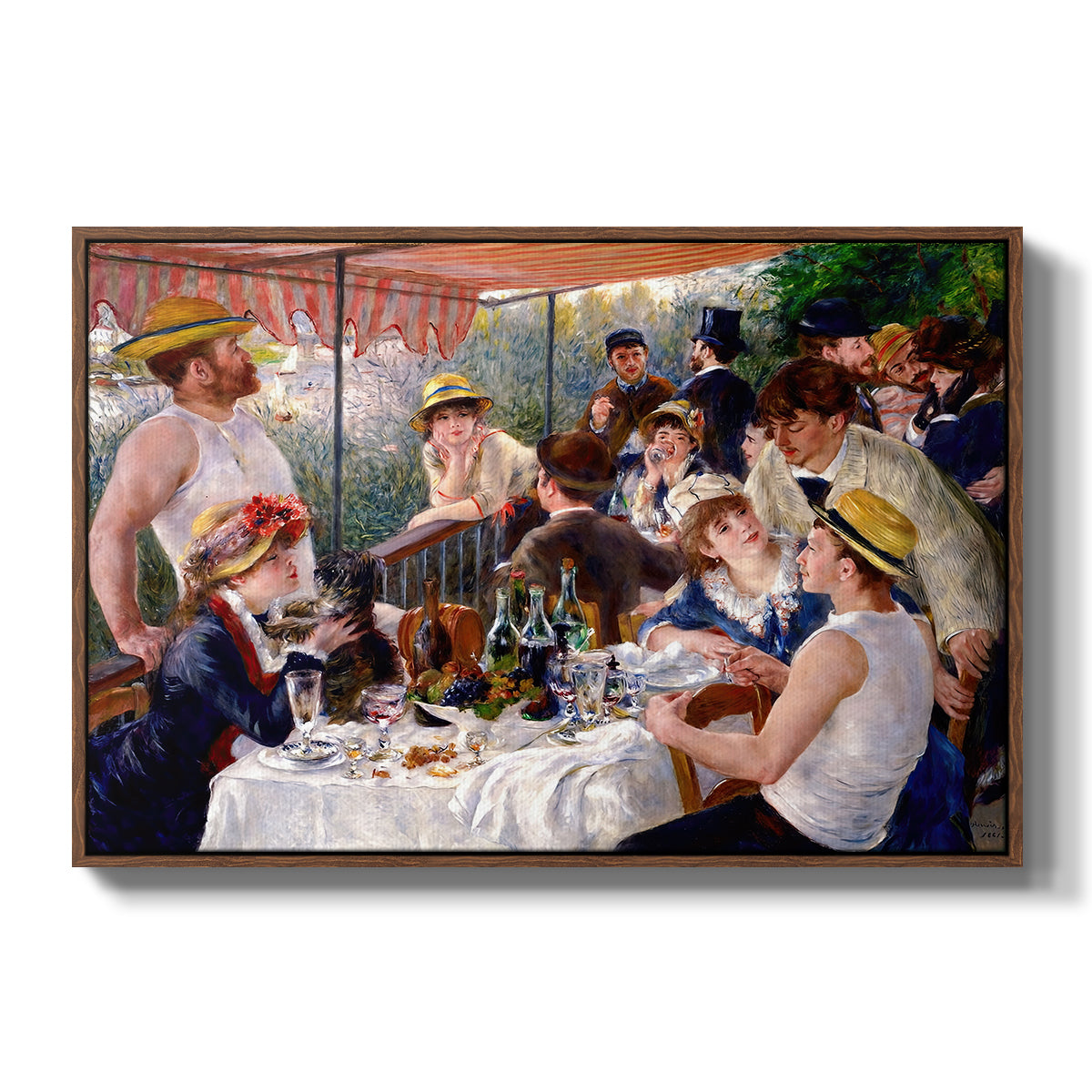 Luncheon of the Boating Party (Le Déjeuner des canotiers), 1880-1881 by Pierre-Auguste Renoir in a walnut floater framed canvas wall art display.