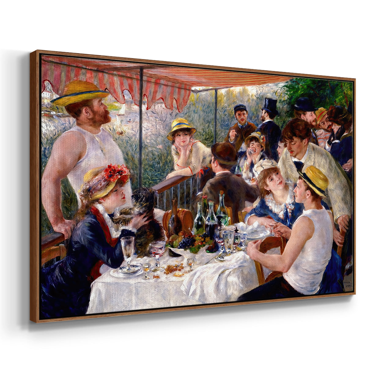 Angled view of Luncheon of the Boating Party (Le Déjeuner des canotiers), 1880-1881 by Pierre-Auguste Renoir in a walnut floater framed canvas.