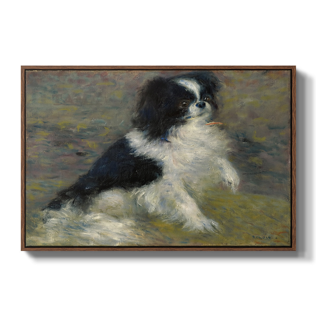 Tama, the Japanese Dog, c. 1876 by Pierre-Auguste Renoir in a walnut floater framed canvas wall art display.