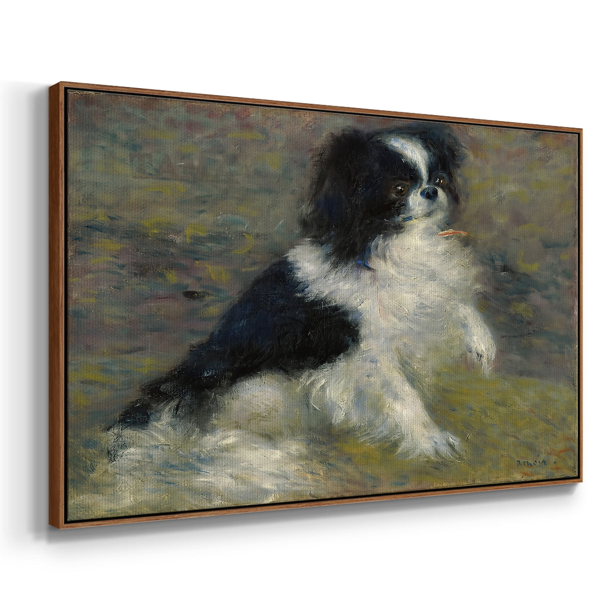 Angled view of Tama, the Japanese Dog, c. 1876 by Pierre-Auguste Renoir in a walnut floater framed canvas.
