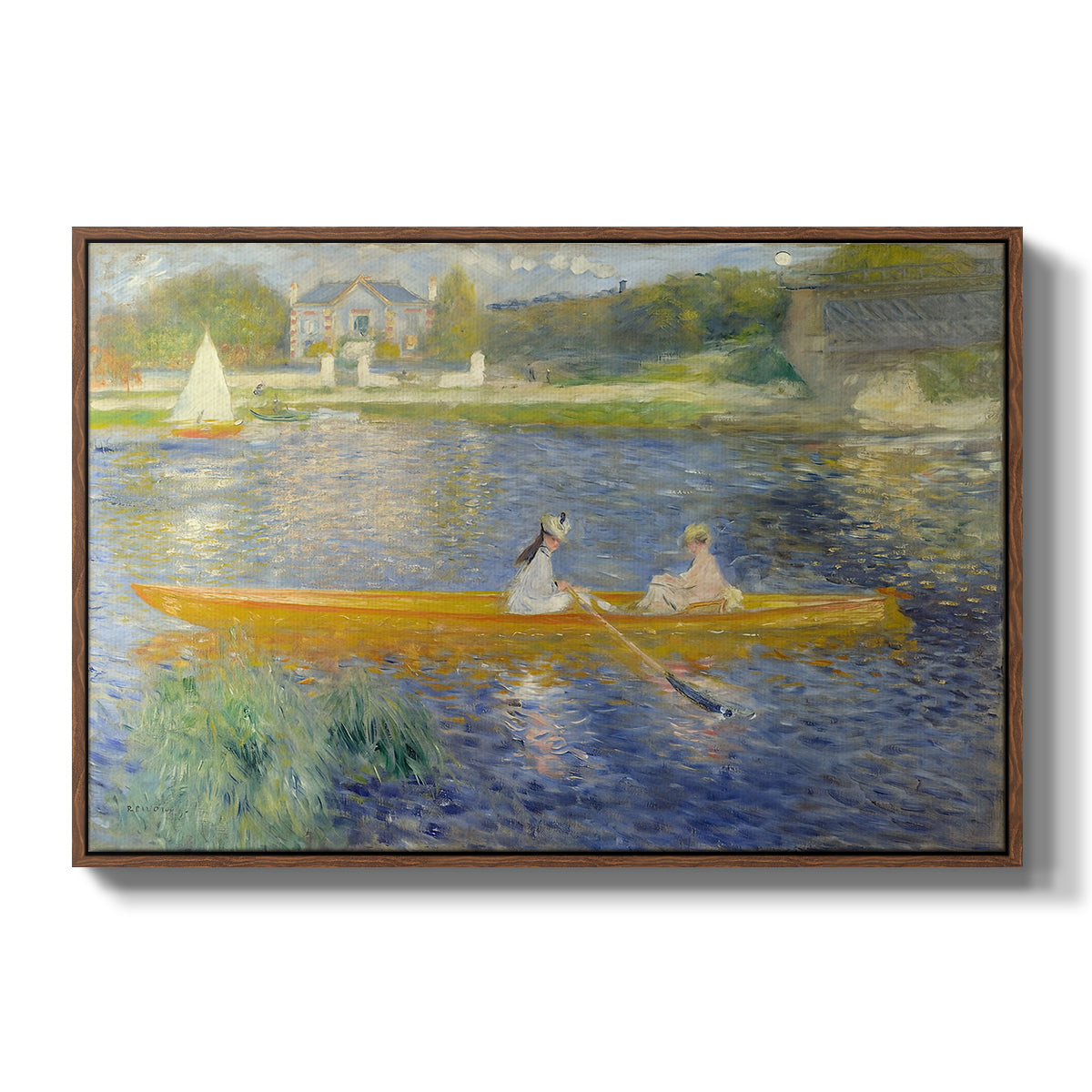 The Skiff (La Yole), 1875 by Pierre-Auguste Renoir in a walnut floater framed canvas wall art display.