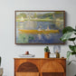 The Skiff (La Yole), 1875 by Pierre-Auguste Renoir in a walnut floater framed canvas featuring two figures seated in a small boat drifting across calm water, displayed above a wood console cabinet.