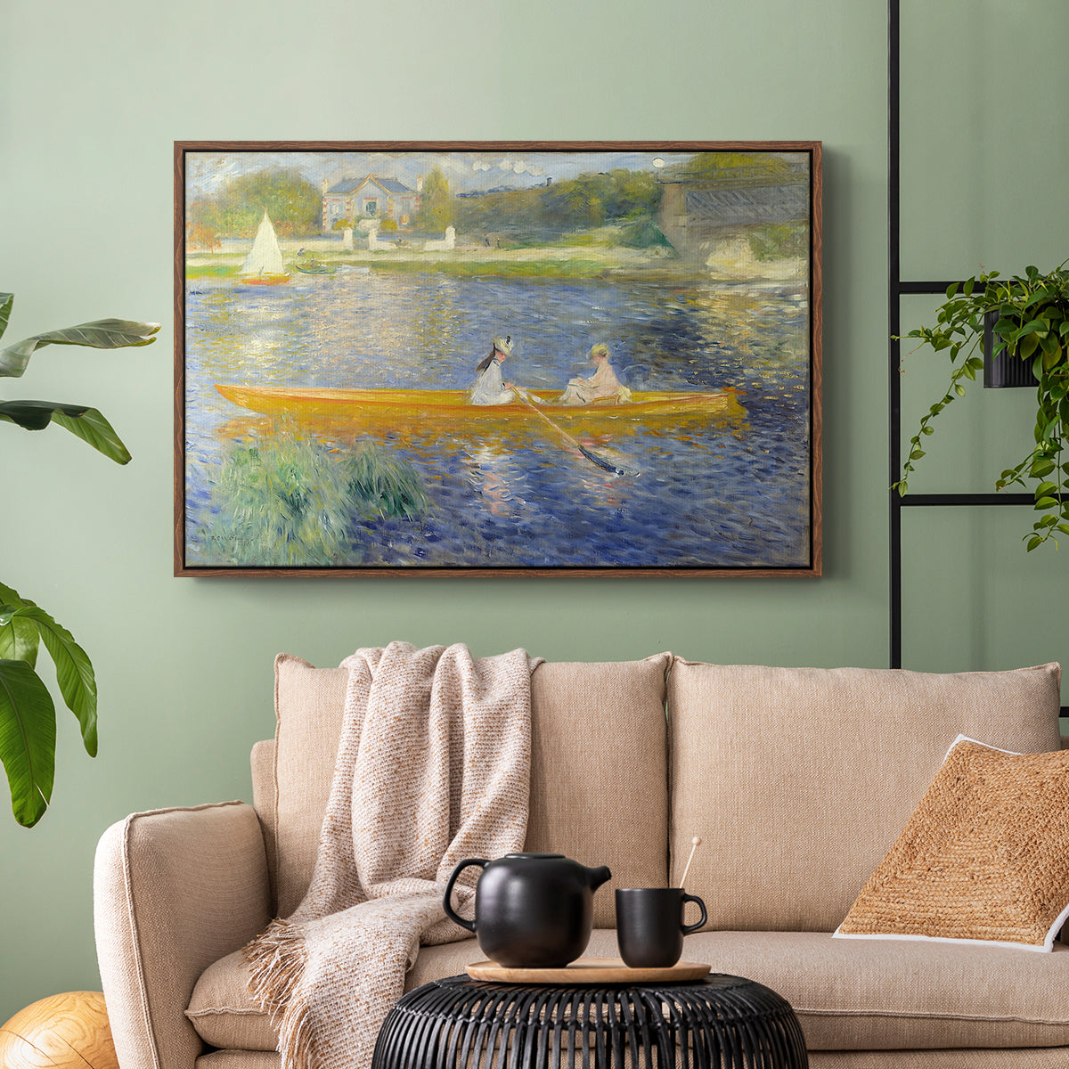 Walnut floater framed canvas featuring a leisure scene of figures in a small rowboat on tranquil water, displayed above a sofa in a modern living room.