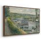 Angled view of Wash-House Boat at Bas-Meudon, c. 1874 by Pierre-Auguste Renoir in a walnut floater framed canvas.