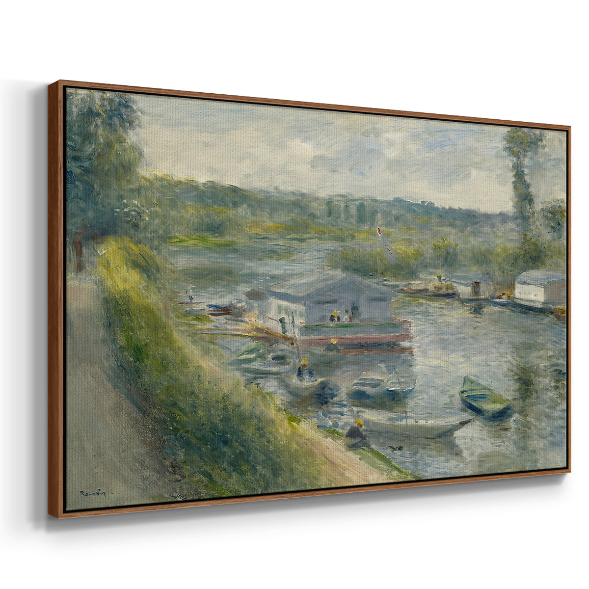 Angled view of Wash-House Boat at Bas-Meudon, c. 1874 by Pierre-Auguste Renoir in a walnut floater framed canvas.