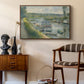 Wash-House Boat at Bas-Meudon, c. 1874 by Pierre-Auguste Renoir as a walnut floater framed canvas featuring an impressionist depiction of working boat along calm waterway, styled above a mid-century console in a contemporary living area.
