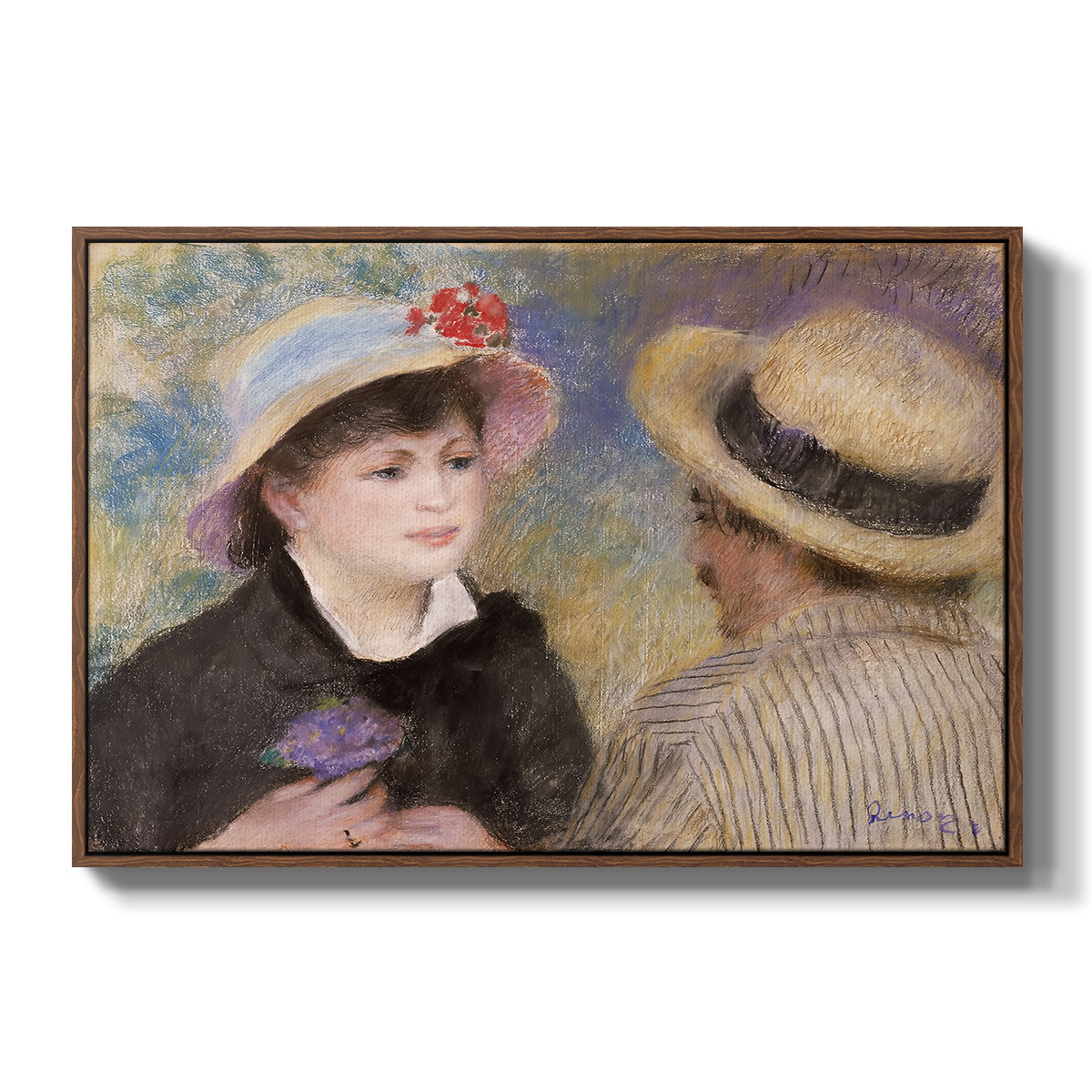 Boating Couple (Aline Charigot and Renoir), c. 1881 by Pierre-Auguste Renoir in a walnut floater framed canvas wall art display.