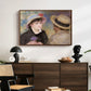 Boating Couple (Aline Charigot and Renoir), c. 1881 by Pierre-Auguste Renoir displayed in a walnut floater framed canvas above a dark wood credenza in an entryway.