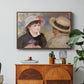 Boating Couple (Aline Charigot and Renoir), c. 1881 by Pierre-Auguste Renoir in a walnut floater framed canvas featuring a close-up of a couple seated together outdoors with hats and soft sunlight, displayed above a wood console cabinet.