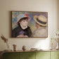 Walnut floater framed canvas of Boating Couple (Aline Charigot and Renoir), c. 1881 by Pierre-Auguste Renoir, featuring an intimate portrait of man and woman sitting side by side in outdoor setting above a sideboard in a softly lit hallway.