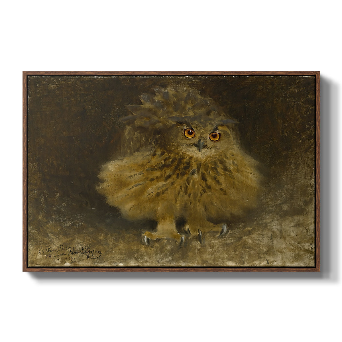 An Eagle Owl (Berguv), 1905 by Bruno Liljefors in a walnut floater framed canvas wall art display.