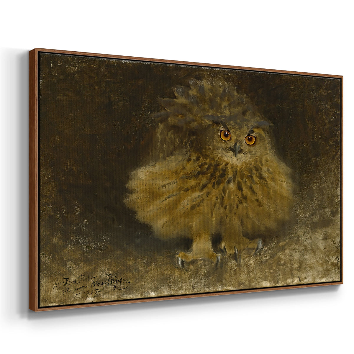 Angled view of An Eagle Owl (Berguv), 1905 by Bruno Liljefors in a walnut floater framed canvas.
