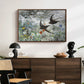 Common Swifts, 1886 by Bruno Liljefors displayed in a walnut floater framed canvas above a dark wood credenza in an entryway.