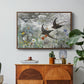 Common Swifts, 1886 by Bruno Liljefors in a walnut floater framed canvas featuring a flock of birds in flight soaring across open sky above landscape, displayed above a wood console cabinet.