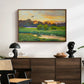 Flying Duck at Sunset, 1924 by Bruno Liljefors displayed in a walnut floater framed canvas above a dark wood credenza in an entryway.
