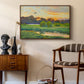 Flying Duck at Sunset, 1924 by Bruno Liljefors as a walnut floater framed canvas featuring a wild duck gliding through a golden sunset sky, styled above a mid-century console in a contemporary living area.