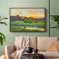 Walnut floater framed canvas featuring a lone duck flying over a marsh at golden hour, displayed above a sofa in a modern living room.