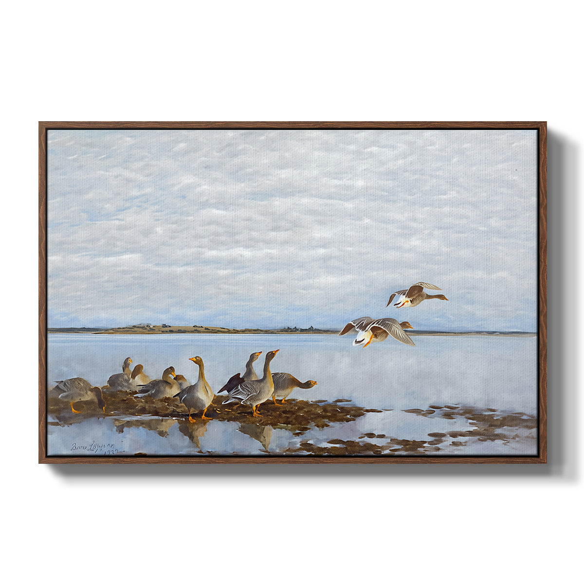 Greylag Geese (Grågäss), 1922 by Bruno Liljefors in a walnut floater framed canvas wall art display.