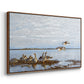 Angled view of Greylag Geese (Grågäss), 1922 by Bruno Liljefors in a walnut floater framed canvas.