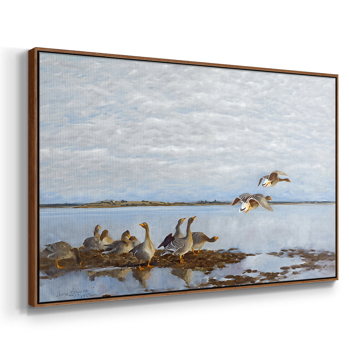 Angled view of Greylag Geese (Grågäss), 1922 by Bruno Liljefors in a walnut floater framed canvas.