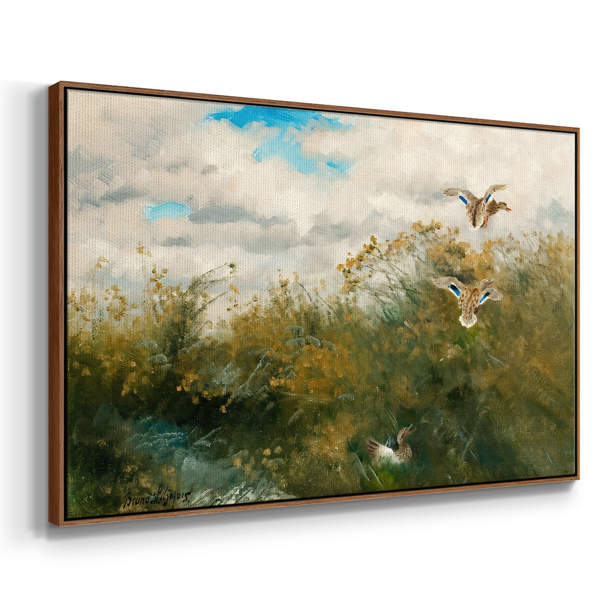 Angled view of Wild Ducks (Grasänder), 1890 by Bruno Liljefors in a walnut floater framed canvas.