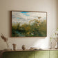 Walnut floater framed canvas of Wild Ducks (Grasänder), 1890 by Bruno Liljefors, featuring a wildlife scene of ducks walking through tall grass beside water above a sideboard in a softly lit hallway.