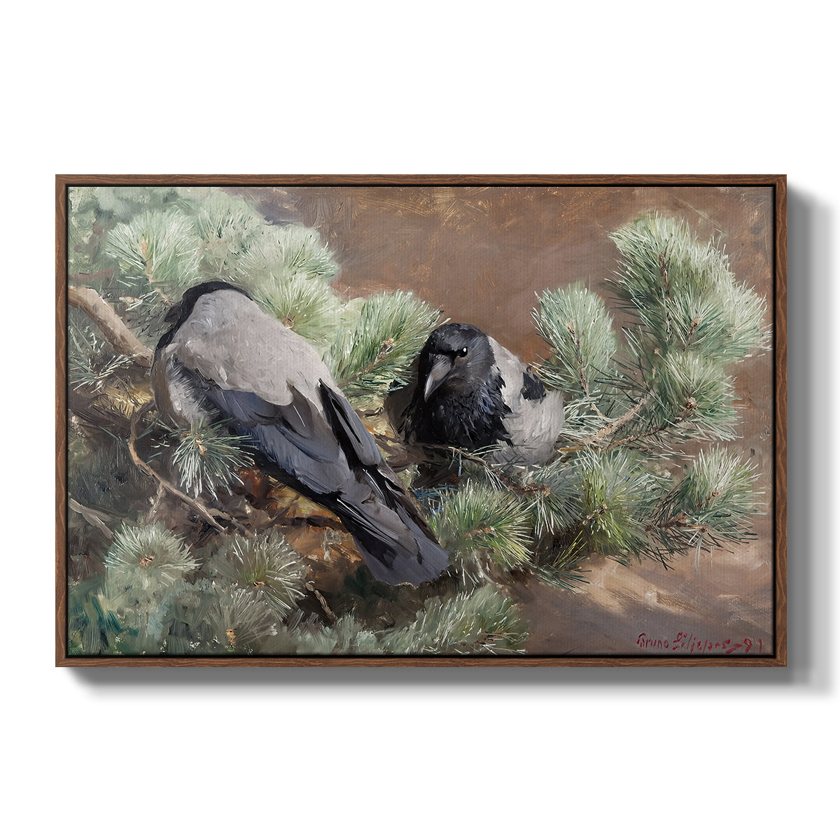 Hooded Crows (Kråkor), 1891 by Bruno Liljefors in a walnut floater framed canvas wall art display.
