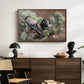 Hooded Crows (Kråkor), 1891 by Bruno Liljefors displayed in a walnut floater framed canvas above a dark wood credenza in an entryway.