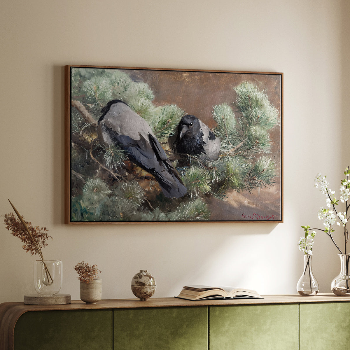 Walnut floater framed canvas of Hooded Crows (Kråkor), 1891 by Bruno Liljefors, featuring birds standing alert in natural field environment above a sideboard in a softly lit hallway.