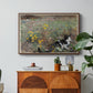Cat on a Flowery Meadow, 1887 by Bruno Liljefors in a walnut floater framed canvas featuring a cat crouching in a meadow filled with wildflowers and greenery, displayed above a wood console cabinet.