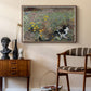 Cat on a Flowery Meadow, 1887 by Bruno Liljefors as a walnut floater framed canvas featuring an animal scene of cat hidden in lush meadow vegetation, styled above a mid-century console in a contemporary living area.