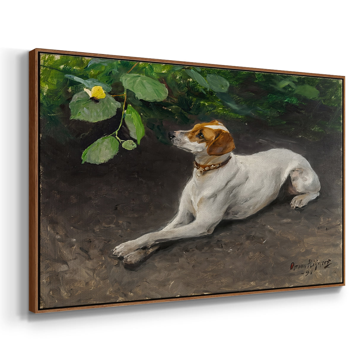 Angled view of Portrait of a Dog, 1891 by Bruno Liljefors in a walnut floater framed canvas.