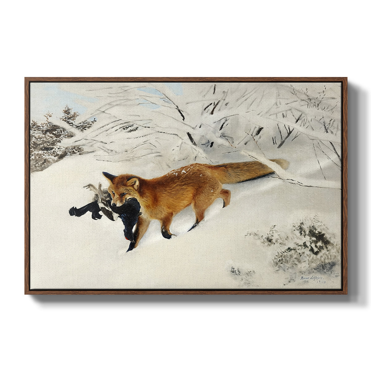 Fox in Snow Landscape, 1900 by Bruno Liljefors in a walnut floater framed canvas wall art display.