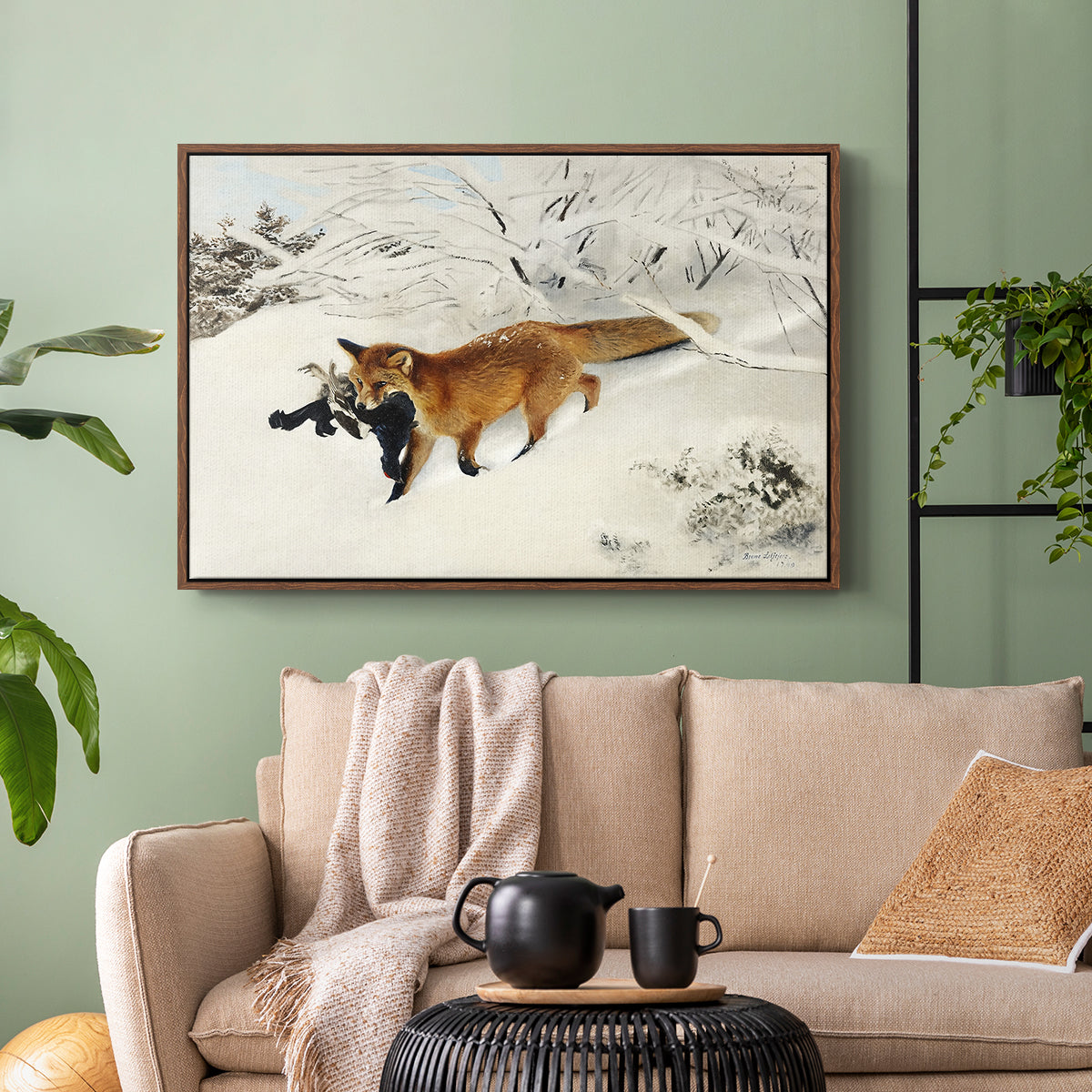 Walnut floater framed canvas featuring a dynamic depiction of animal in cold snowy environment, displayed above a sofa in a modern living room.