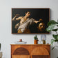 David with the Head of Goliath (Vienna Version), c. 1607 by Caravaggio in a walnut floater framed canvas featuring a young David holding the severed head of Goliath against a dark background, displayed above a wood console cabinet.