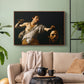 Walnut floater framed canvas featuring an intense religious scene with figure emerging from darkness holding trophy, displayed above a sofa in a modern living room.