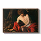 Saint John the Baptist in the Wilderness, c. 1603-1604 by Caravaggio in a walnut floater framed canvas wall art display.