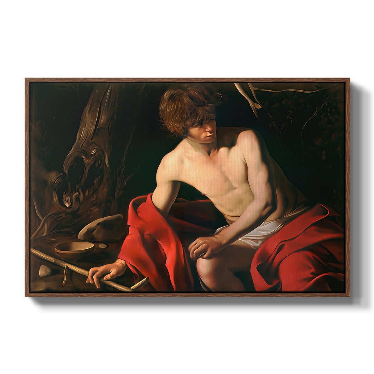 Saint John the Baptist in the Wilderness, c. 1603-1604 by Caravaggio in a walnut floater framed canvas wall art display.