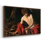 Angled view of Saint John the Baptist in the Wilderness, c. 1603-1604 by Caravaggio in a walnut floater framed canvas.