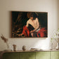 Walnut floater framed canvas of Saint John the Baptist in the Wilderness, c. 1603-1604 by Caravaggio, featuring a solitary figure of Saint John resting in natural setting with soft light above a sideboard in a softly lit hallway.