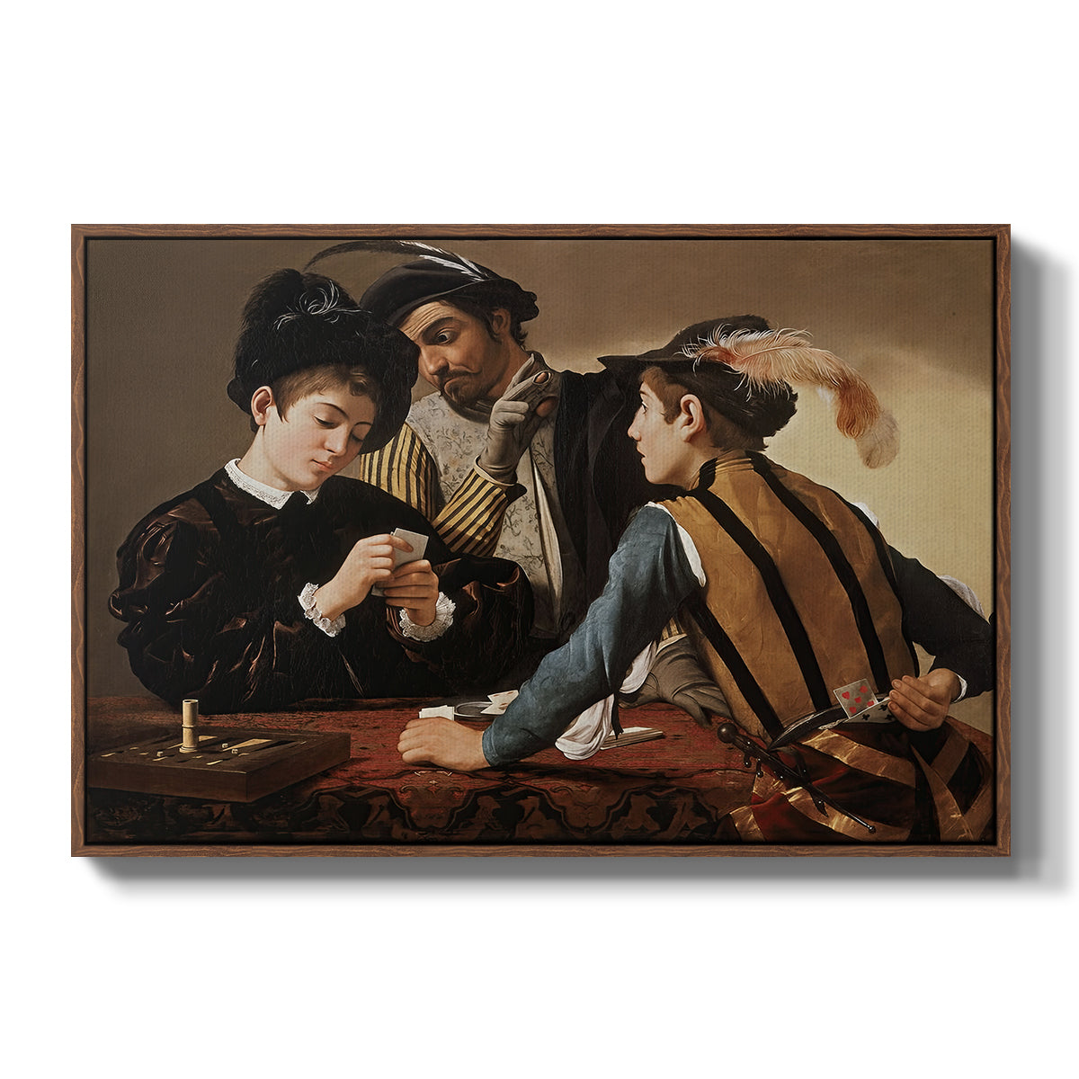 The Cardsharps, c. 1594 by Caravaggio in a walnut floater framed canvas wall art display.